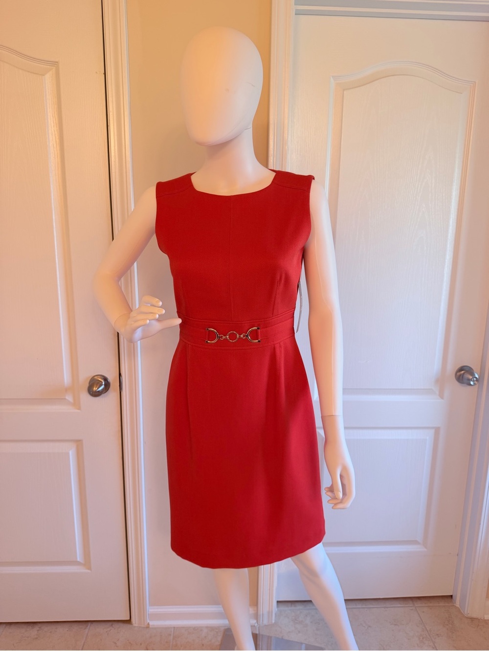 NEW Arthur S Levine Red Midi Sheath Dress w/Decorative Gold Metal Waist Detail